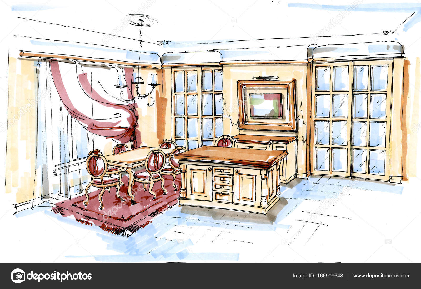 Handgezeichnete Skizze eines klassischen Esszimmers - Stockfotografie