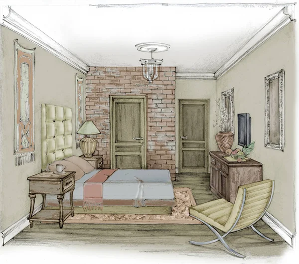 Hand drawn sketch of a bedroom interior