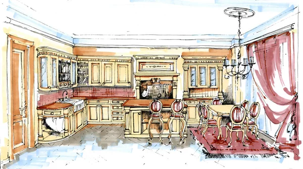 Ruční tažené skica interiéru klasické kuchyně — Stock fotografie