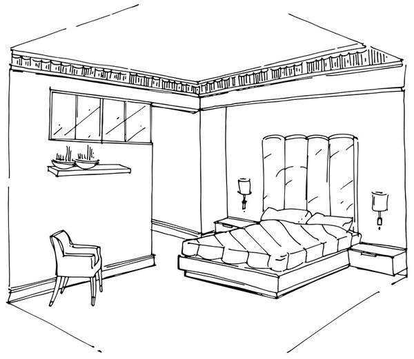 Bosquejo de un moder dormitorio interior. Ilustración vectorial — Vector de stock