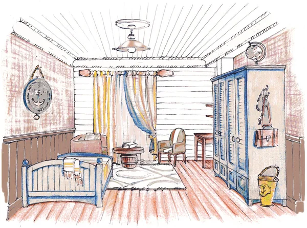 Hand drawn sketch of a children bedroom interior