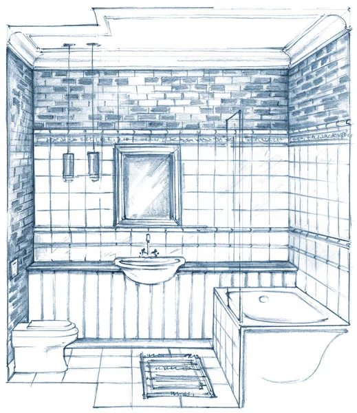 Monochromatický tužka náčrtek z interiéru klasické koupelny — Stock fotografie