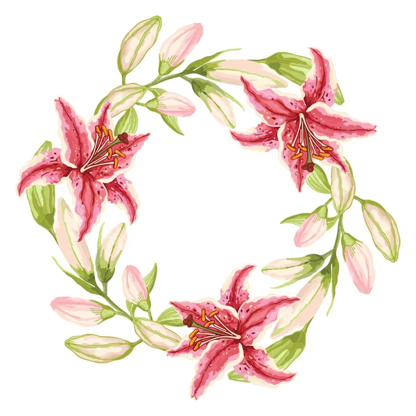 Три рожево-червоні лілії. Вінок з рожево-червоних квітів, зелене листя — стоковий вектор