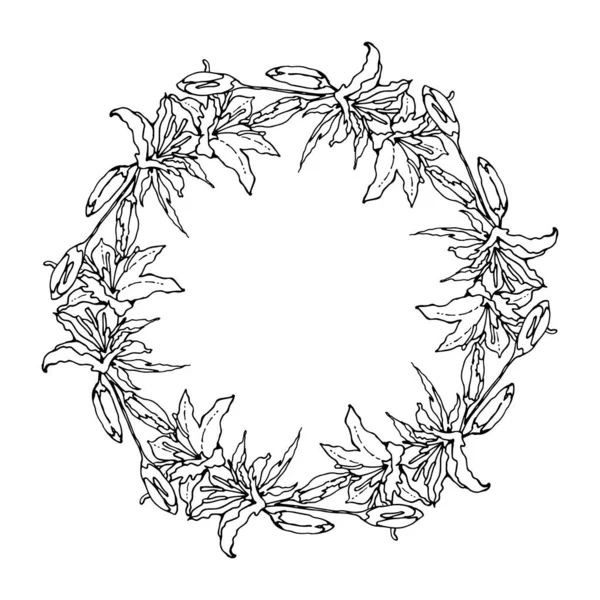 东方百合 叶的黑白花环 在白色的背景上 手绘托收贺卡 矢量说明 — 图库矢量图片