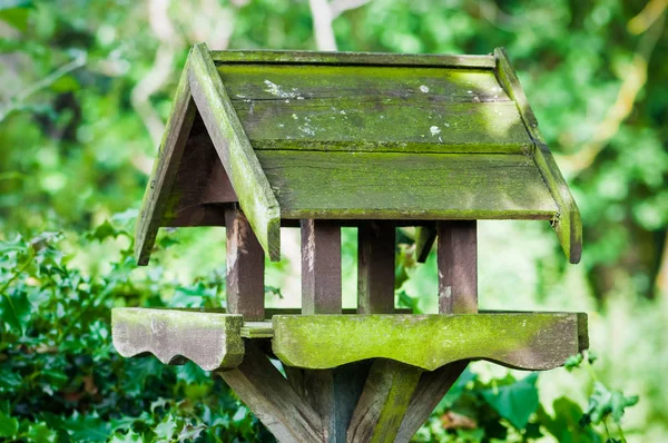 Bird feeder house shaped garden accessory weathered covered in moss — Stock Photo, Image
