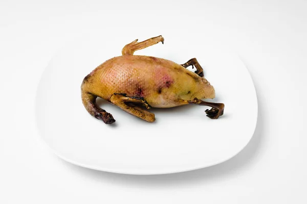 Szerves játék kacsa hús kész nyersen a főzés egyetlen egy fehér háttér pocelain lemez — Stock Fotó