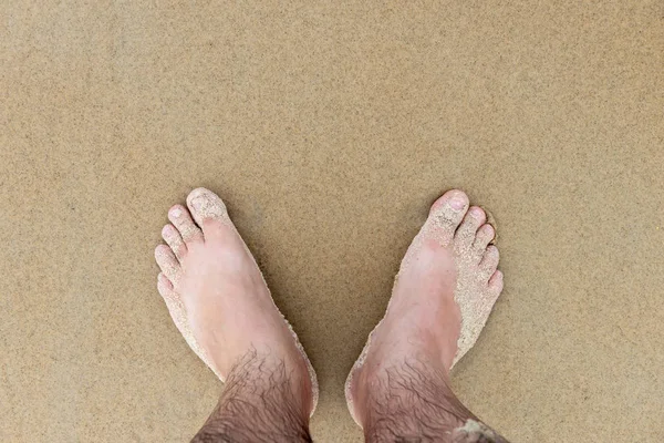 Male feet beach sand holiday middle aged wet vacation — Stock Photo, Image