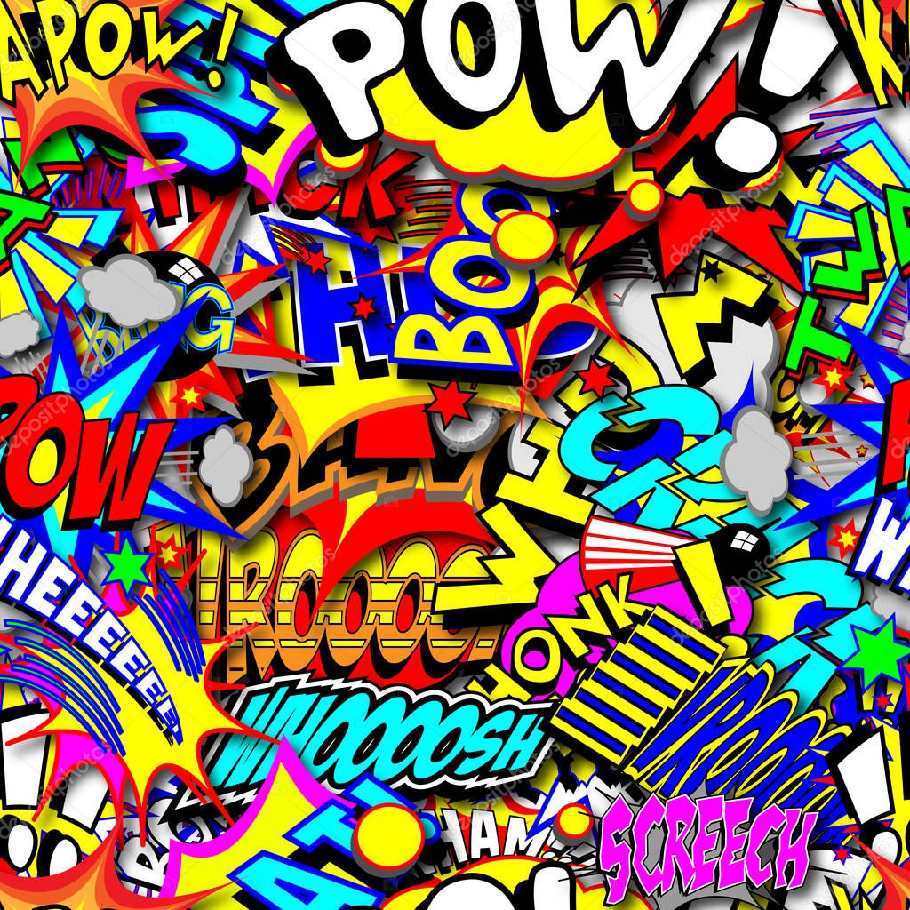 Colorful cartoon text captions, explosions and noises. Tileable wallpaper background that repeats left, right, up and dow