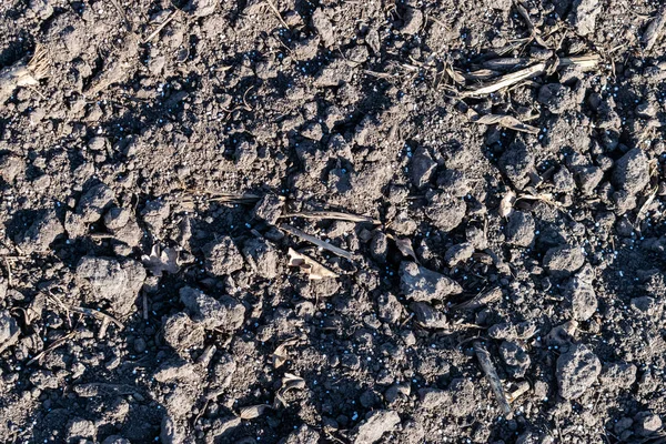 Soil on the field covered with mineral fertilizers