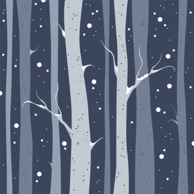 Karlı kış geceleri bir ormandaki ağaçlar. Vektör çizim