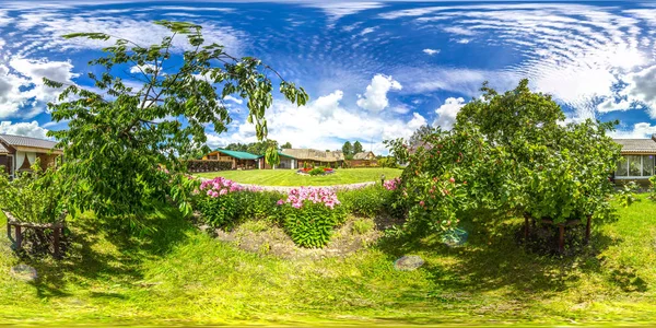 Panorama esférico 3D con ángulo de visión 360. Listo para realidad virtual o realidad virtual. Proyección equirectangular completa. Cielo azul suave con hierba verde, flores y dos árboles en verano. Manzano . — Foto de Stock