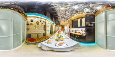 3B Küresel panorama görüş açısı 360 ile. Sanal gerçeklik veya Vr. tam eşit aralıklı dikdörtgen projeksiyon için hazır. Mutfak servis bir tabloyla iç.