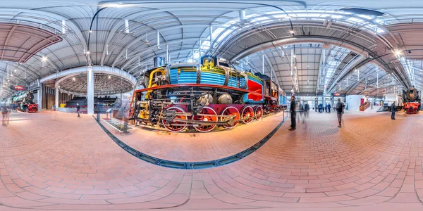 SAINT-PETERSBURG, RUSSIA - NOVEMBER 10 2017 The Museum of Railways of Russia. Steam locomotive in section. 3D spherical panorama with 360 viewing angle. Ready for VR. Full equirectangular projection. — Stock Photo, Image