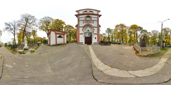 3D spherical panorama with 360 viewing angle. Ready for virtual reality or VR. Full equirectangular projection. Old cemetery. Old churchyard. — Stock Photo, Image