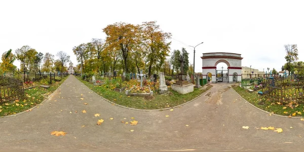 3D spherical panorama with 360 viewing angle. Ready for virtual reality or VR. Full equirectangular projection. Old cemetery. Old churchyard. — Stock Photo, Image