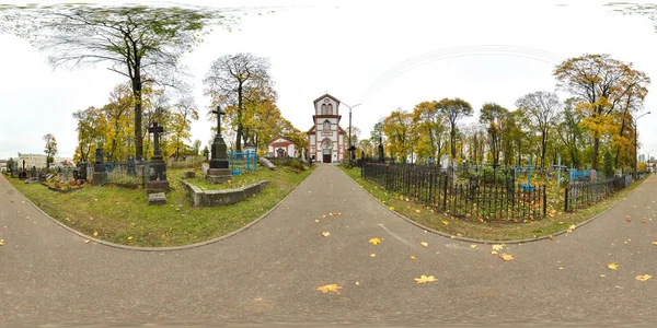 3D spherical panorama with 360 viewing angle. Ready for virtual reality or VR. Full equirectangular projection. Old cemetery. Old churchyard. — Stock Photo, Image