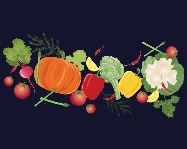 Présentoir de légumes bio frais sur noir — Image vectorielle