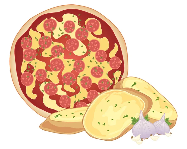 Pizza y pan de ajo — Vector de stock