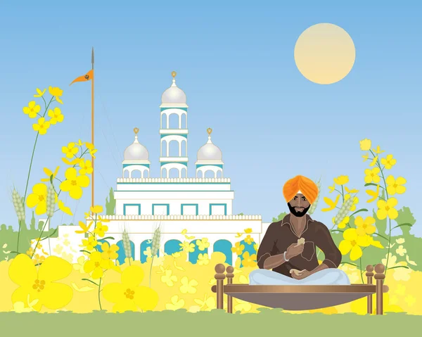 Sikh man and rural gurdwara — Stock Vector