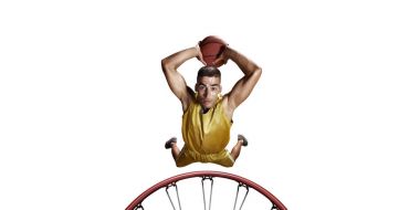 Basketball player make slum dunk on a white background clipart