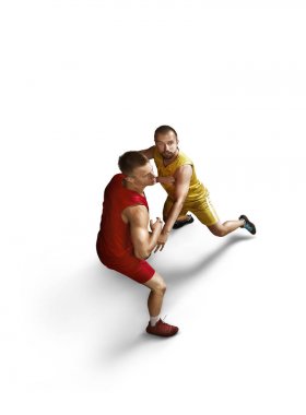 Basketball players make slum dunk on a white background clipart