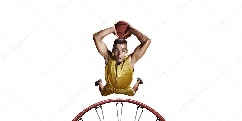 Basketball player make slum dunk on a white background