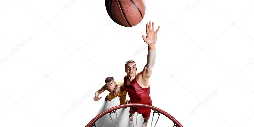 Basketball players make slum dunk on a white background