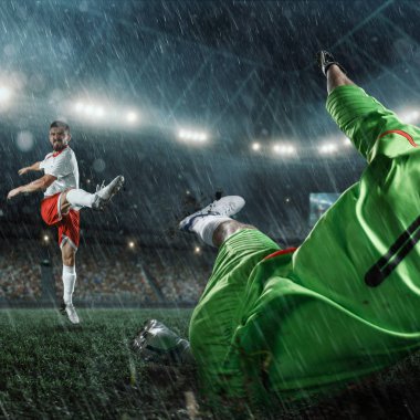 Soccer players performs an action play on a professional rainy stadium clipart
