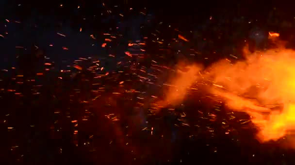 Chispas grietas de fuego en la parrilla fogata. Cenizas ardientes surgen de un gran fuego en el cielo nocturno. Noches de verano, presencia en la naturaleza. Comida porno, y elegante fondo . — Vídeo de stock