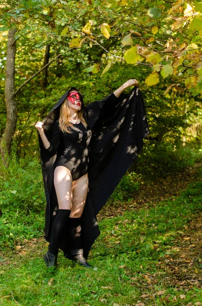 Girl Wearing Halloween Clothes Forest — Stock Photo, Image