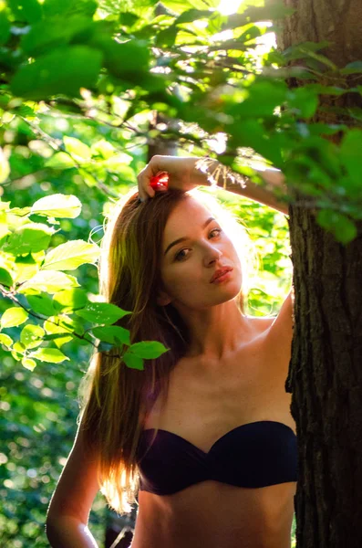 Beautiful sexy girl dark forest — Stock Photo, Image
