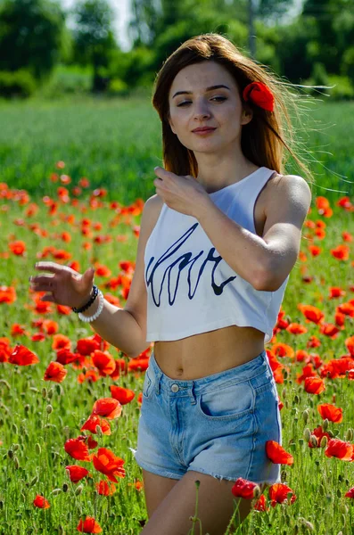 Pretty woman in the field of poppies — Stock Photo, Image