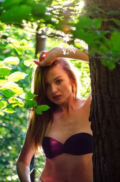 Beautiful sexy girl dark forest — Stock Photo, Image