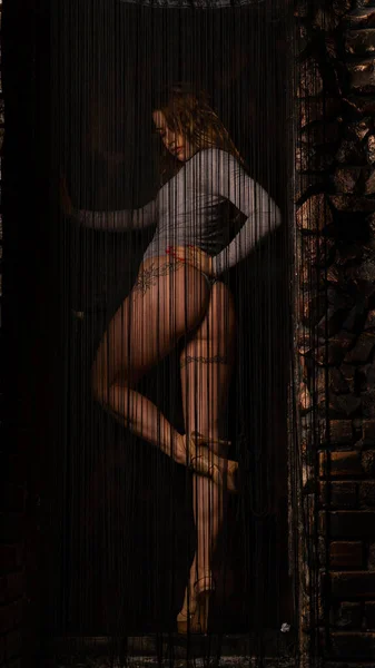 Tender model posa in studio durante le riprese di prova standard indossando lingerie grigia — Foto Stock