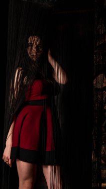 Koyu renk saçlı, kırmızı elbiseli, karanlık stüdyoda poz veren genç ve seksi bir kadın..