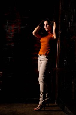 Güzel esmer model, karanlık odada poz veriyor. 