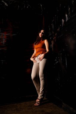 Güzel esmer model, karanlık odada poz veriyor. 