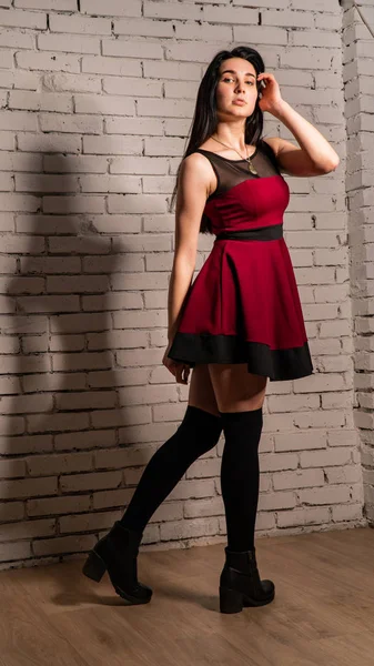 Pretty Young Sexy Model Female Dark Hair Red Dress Posing — Stock Photo, Image