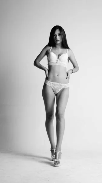 Girl White Lingerie High Heels Posing White Background — Stok Foto