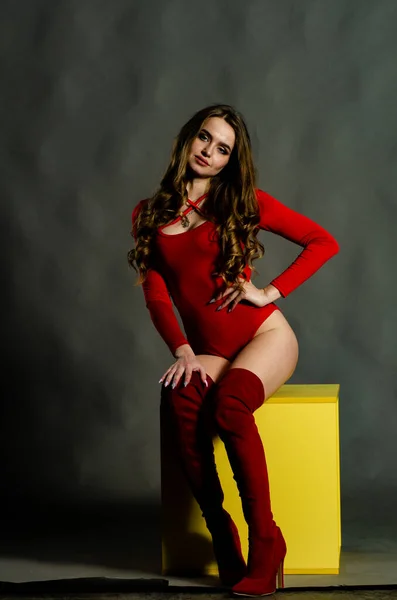 Vysoká sexy brunetka spodní prádlo studio portrét — Stock fotografie