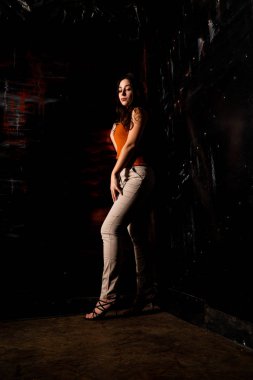 Güzel esmer model, karanlık odada poz veriyor. 