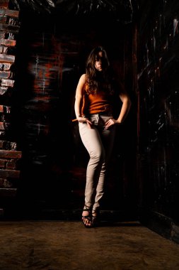 Güzel esmer model, karanlık odada poz veriyor. 
