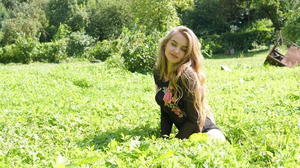 Porträt einer jungen lächelnden blonden Frau, die auf grünem Gras liegt. — Stockfoto