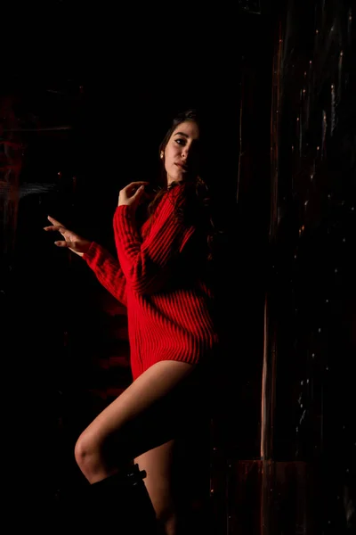 Beautiful Sexy Nude Woman Red Sweater Dark Background — Stock Photo, Image