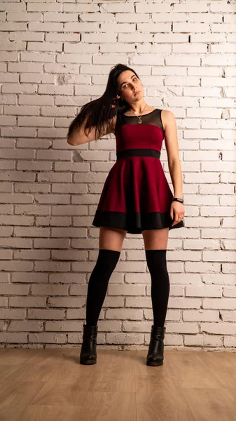 Pretty Young Sexy Model Female Dark Hair Red Dress Posing — Stock Photo, Image