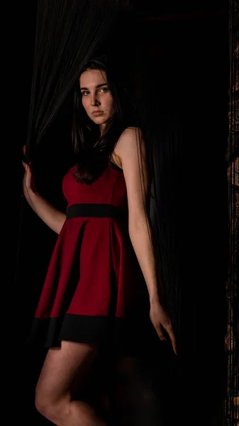 Pretty Young Sexy Model Female Dark Hair Red Dress Posing — Stock Photo, Image