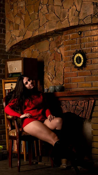 Beautiful Sexy Nude Woman Red Sweater Dark Background – stockfoto