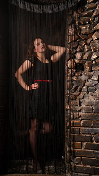 Seduce Woman Posing Curtains Black Threads — Stock Photo, Image