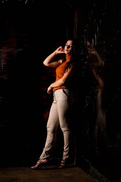Güzel Esmer Model Karanlık Odada Poz Veriyor — Stok fotoğraf