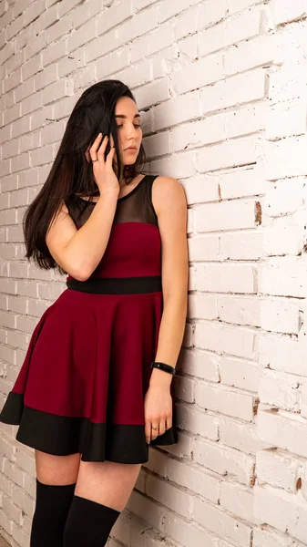 Pretty Young Sexy Model Female Dark Hair Red Dress Posing — Stock Photo, Image